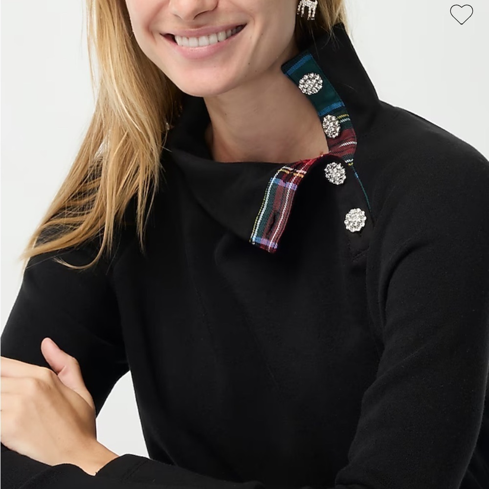 J crew Tartan wide jeweled button-neck pullover sweatshirt